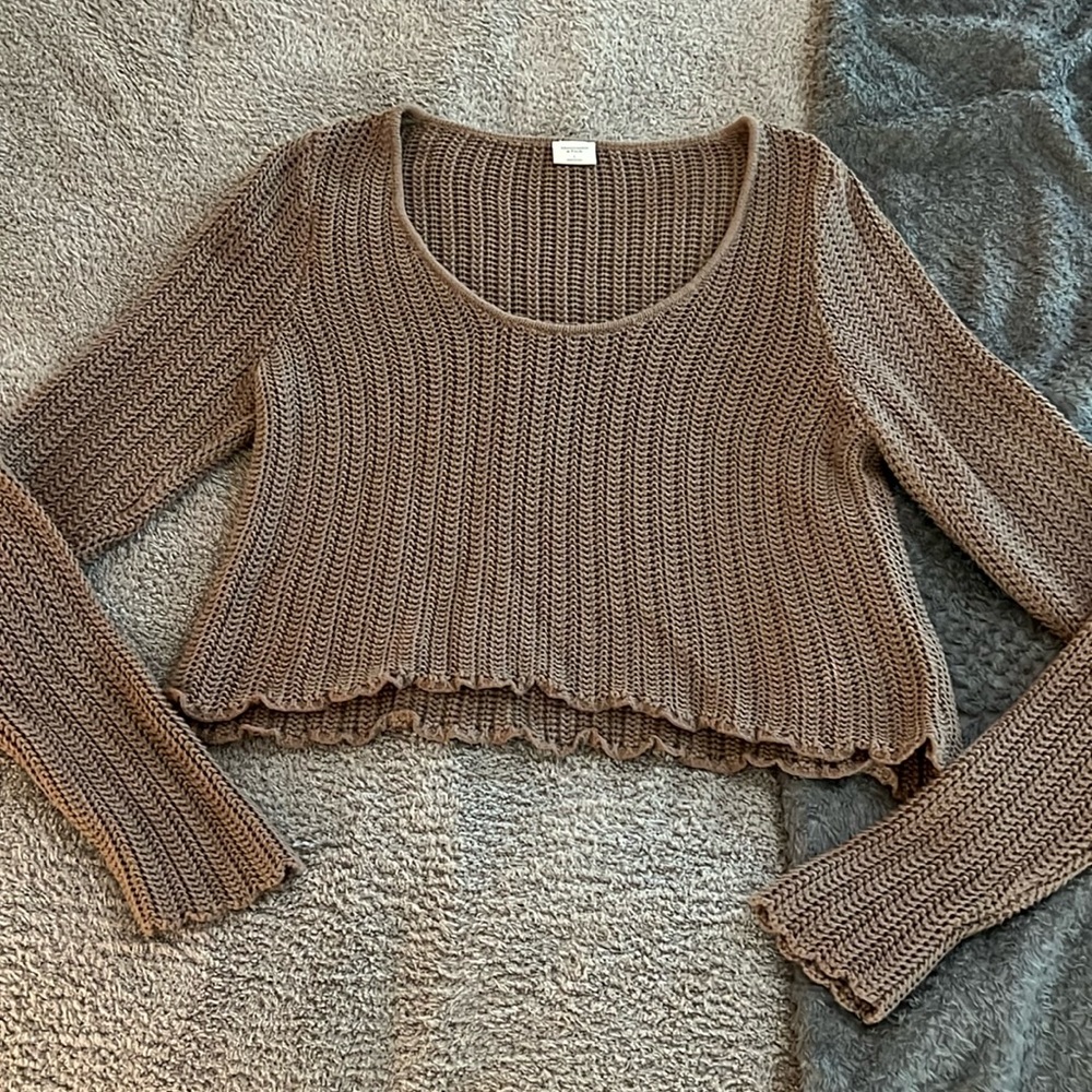 A&F Long-Sleeve Crochet Scoopneck Top, Large, Taupe